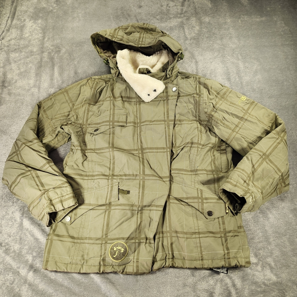 Burton Plaid Jacket Green Hood Fleece Lining Womens Large
